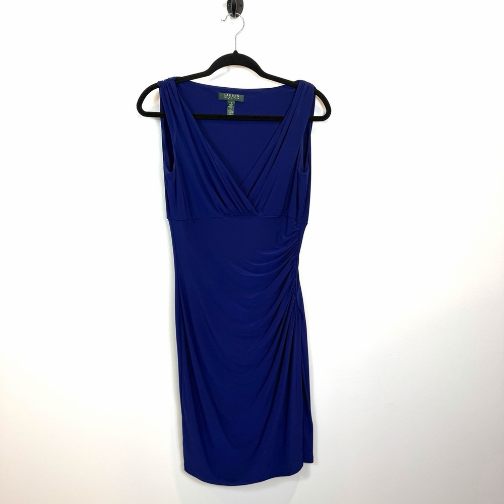 Lauren Ralph Lauren Dress 8 Blue Indigo Stretch Sleeveless Faux Wrap